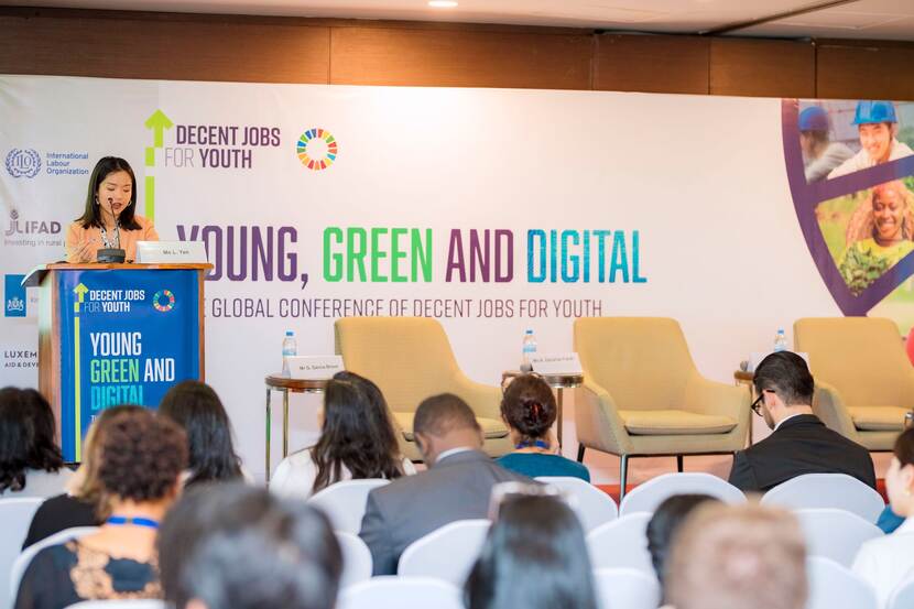 Podium and audience during Decent Jobs for Youth conference